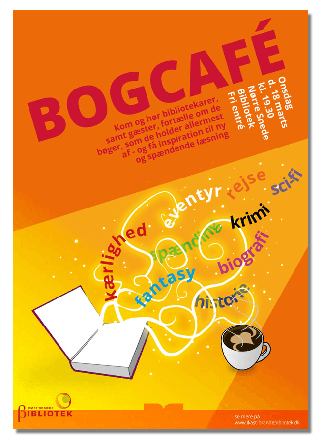 Plakat til Ikast-Brande Biblioteks bogcafé.